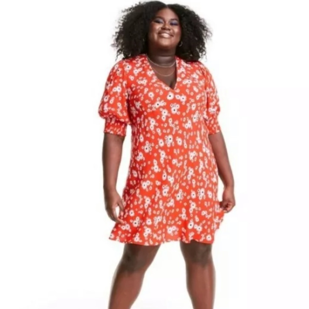 Rixo For Target Dress Size 28W/30W Puff Sleeve Red Floral Daisy Swing Dress NWT